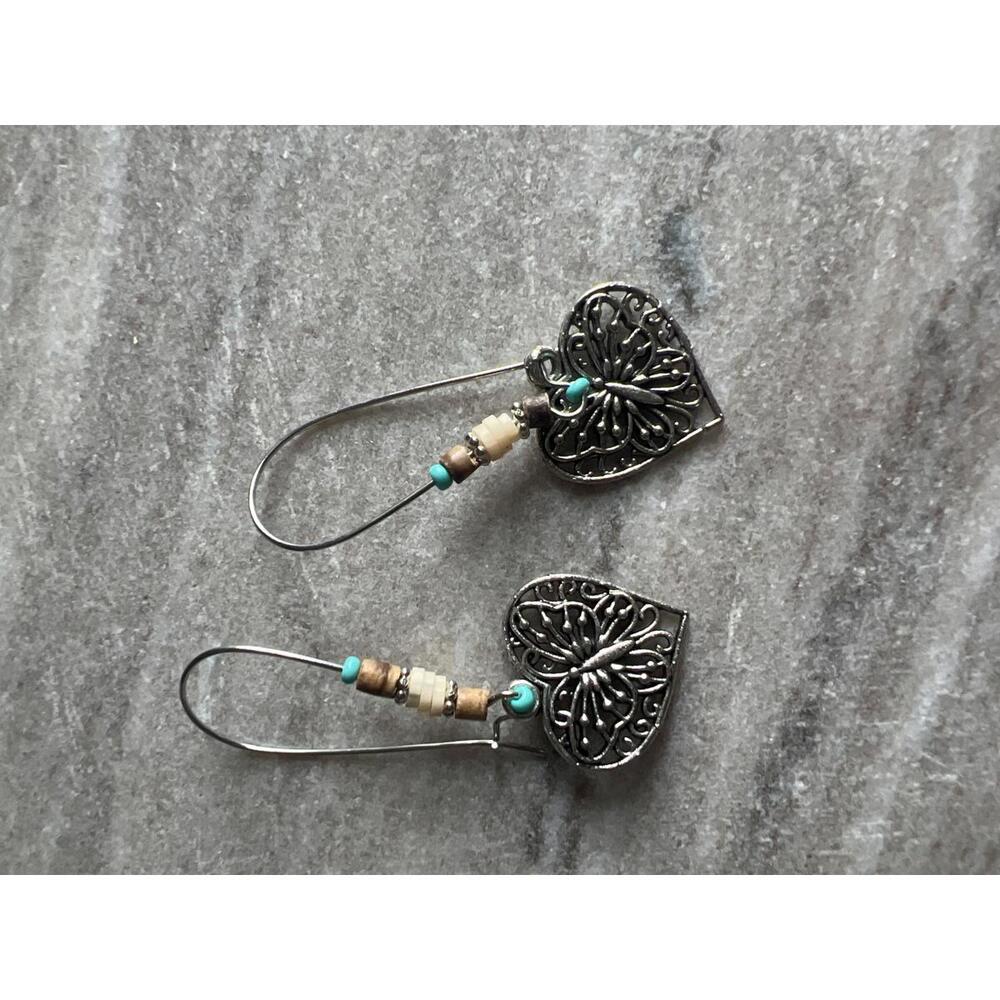 Heart Shaped Butterfly Dangle Earrings with Beads